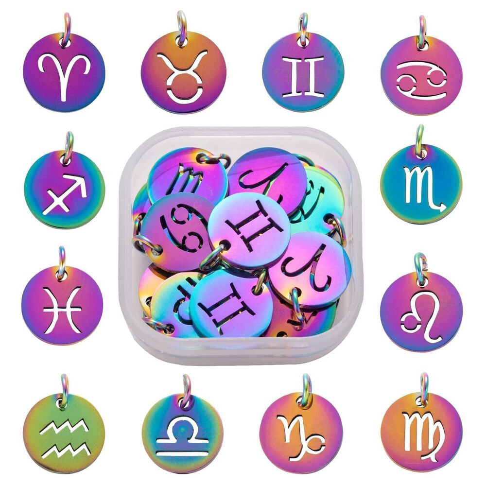 8349 24Pcs 12 Zodiac Constellation Charms Flat Round Rainbow Stainless